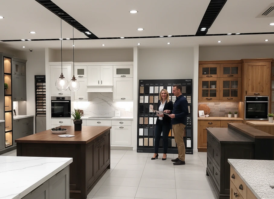 Kitchen design consultation at home with a designer and homeowner discussing ideas.