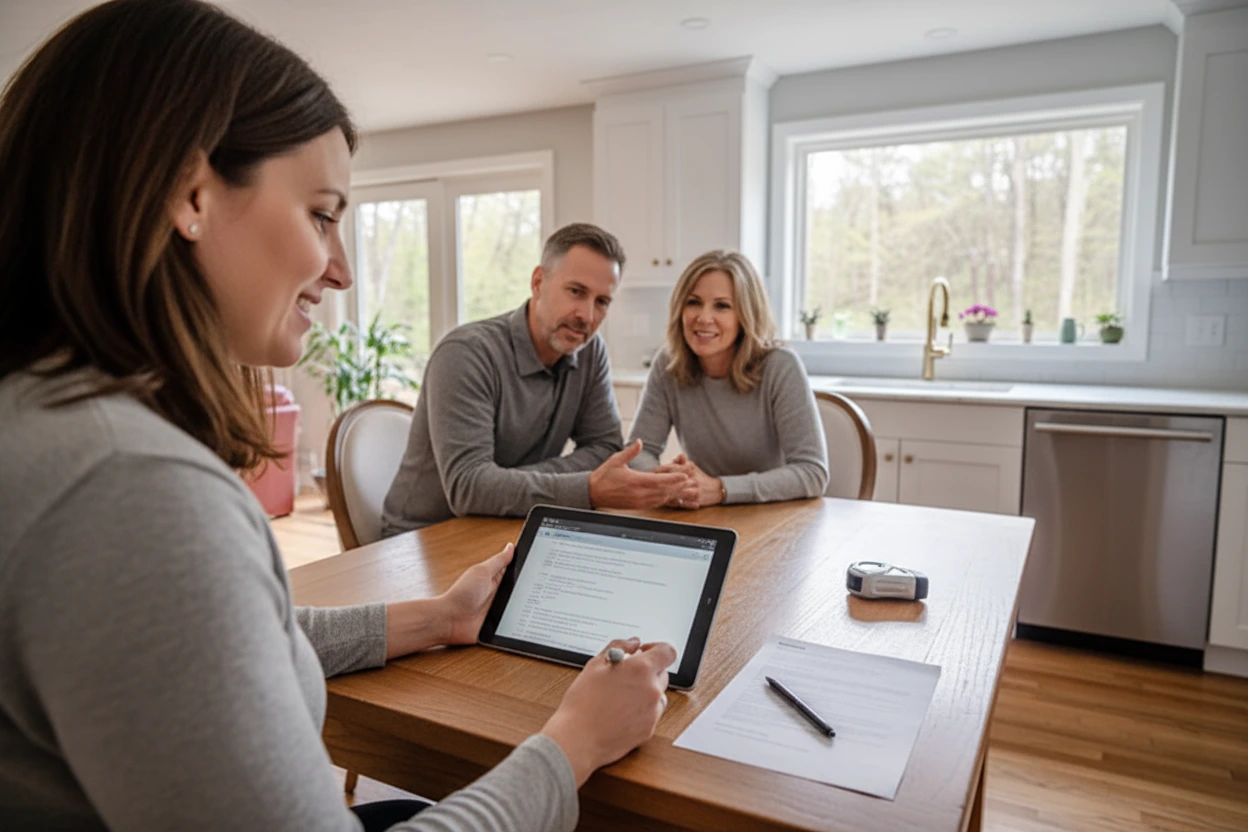 Kitchen design consultation at home with a designer and homeowner discussing ideas.
